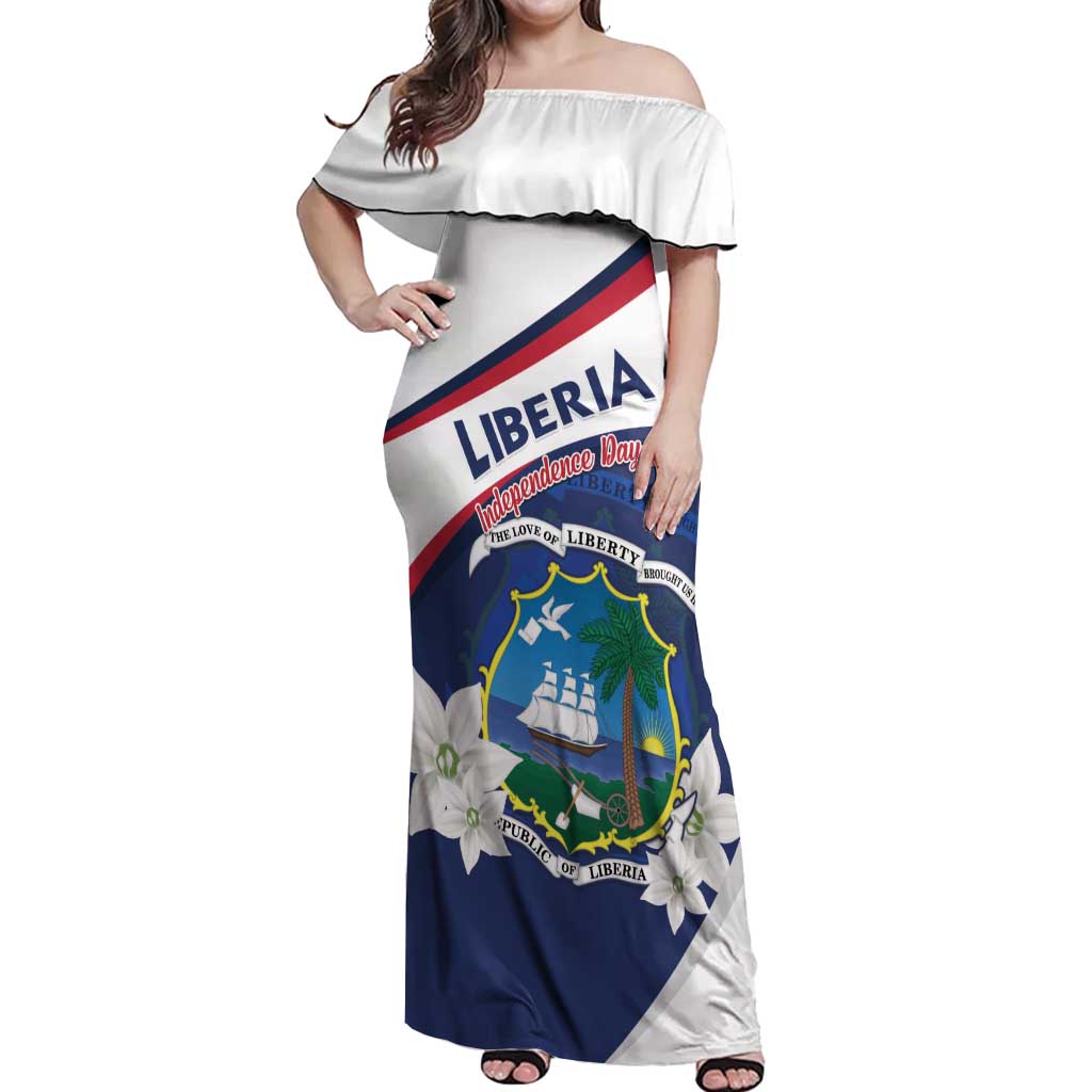 Personalized Liberia Independence Day Off Shoulder Maxi Dress Coat Of Arms Pepper Flowers