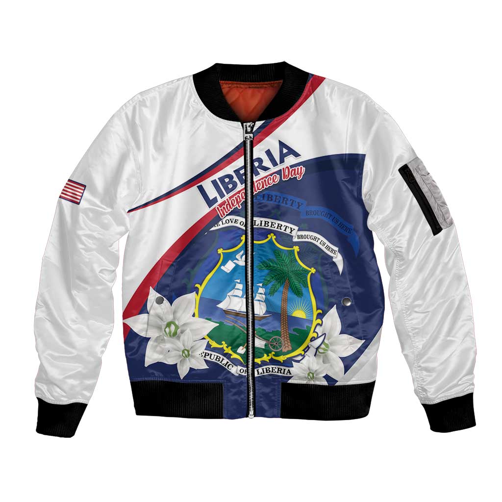 Personalized Liberia Independence Day Sleeve Zip Bomber Jacket Coat Of Arms Pepper Flowers