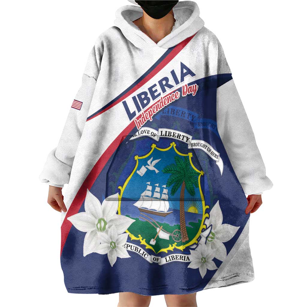 Personalized Liberia Independence Day Wearable Blanket Hoodie Coat Of Arms Pepper Flowers