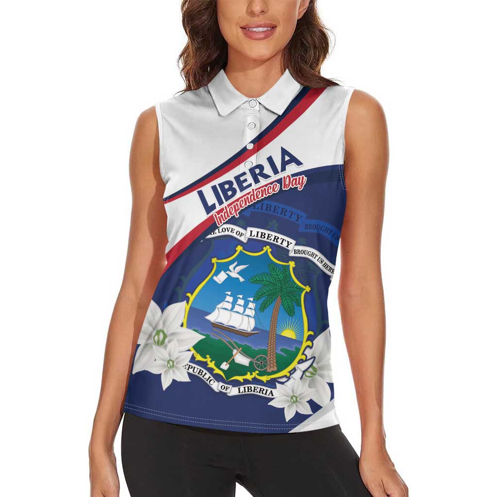 Personalized Liberia Independence Day Women Sleeveless Polo Shirt Coat Of Arms Pepper Flowers