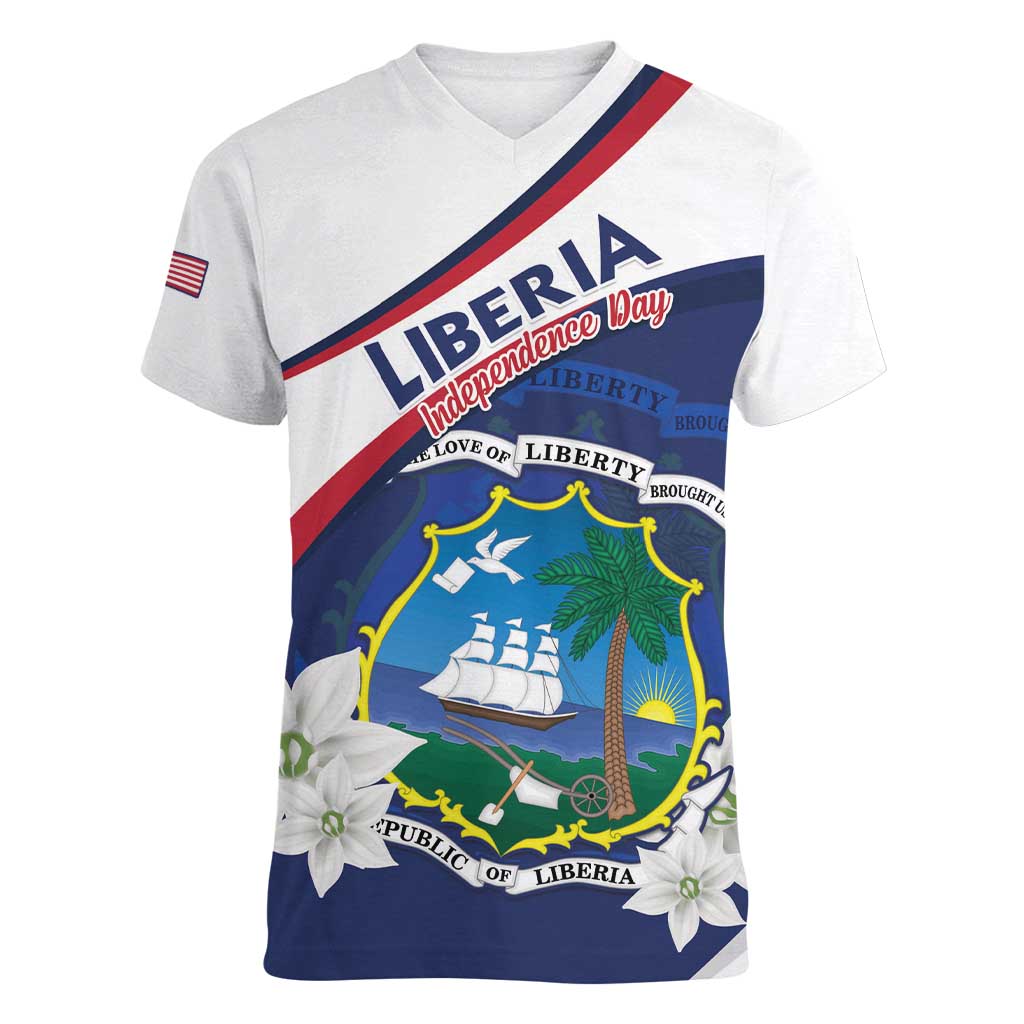 Personalized Liberia Independence Day Women V-Neck T-Shirt Coat Of Arms Pepper Flowers