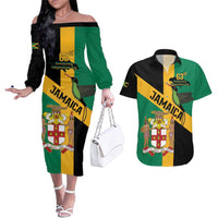 Jamaica Couples Matching Off The Shoulder Long Sleeve Dress and Hawaiian Shirt 63rd Anniversary Independence Day