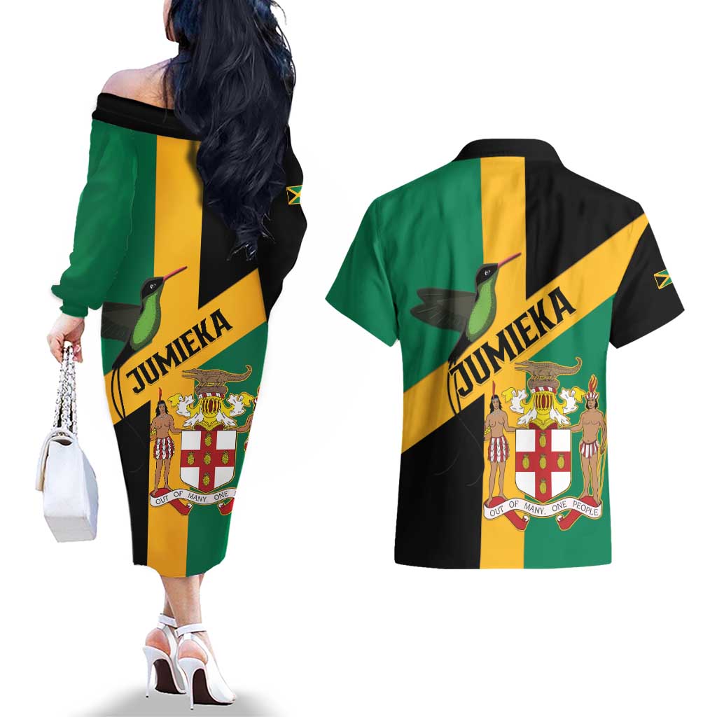 Jamaica Couples Matching Off The Shoulder Long Sleeve Dress and Hawaiian Shirt 63rd Anniversary Independence Day