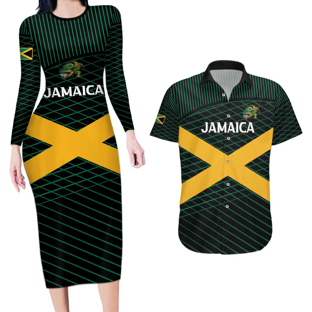 Jamaica Rugby Custom Couples Matching Long Sleeve Bodycon Dress and Hawaiian Shirt Go Jamaica Crocs Go