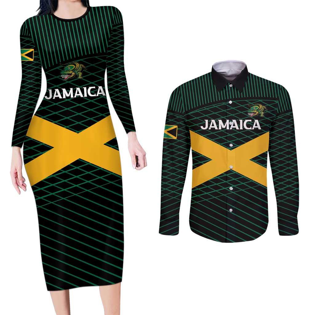 Jamaica Rugby Custom Couples Matching Long Sleeve Bodycon Dress and Long Sleeve Button Shirt Go Jamaica Crocs Go