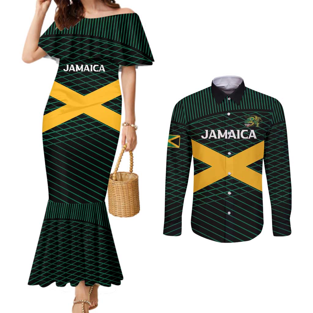 Jamaica Rugby Custom Couples Matching Mermaid Dress and Long Sleeve Button Shirt Go Jamaica Crocs Go