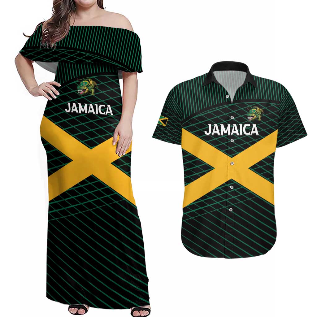 Jamaica Rugby Custom Couples Matching Off Shoulder Maxi Dress and Hawaiian Shirt Go Jamaica Crocs Go