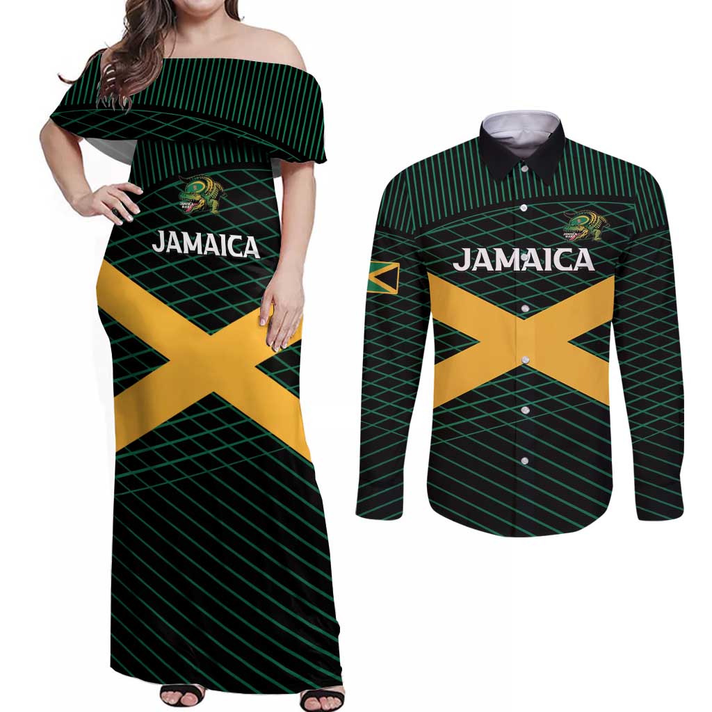 Jamaica Rugby Custom Couples Matching Off Shoulder Maxi Dress and Long Sleeve Button Shirt Go Jamaica Crocs Go