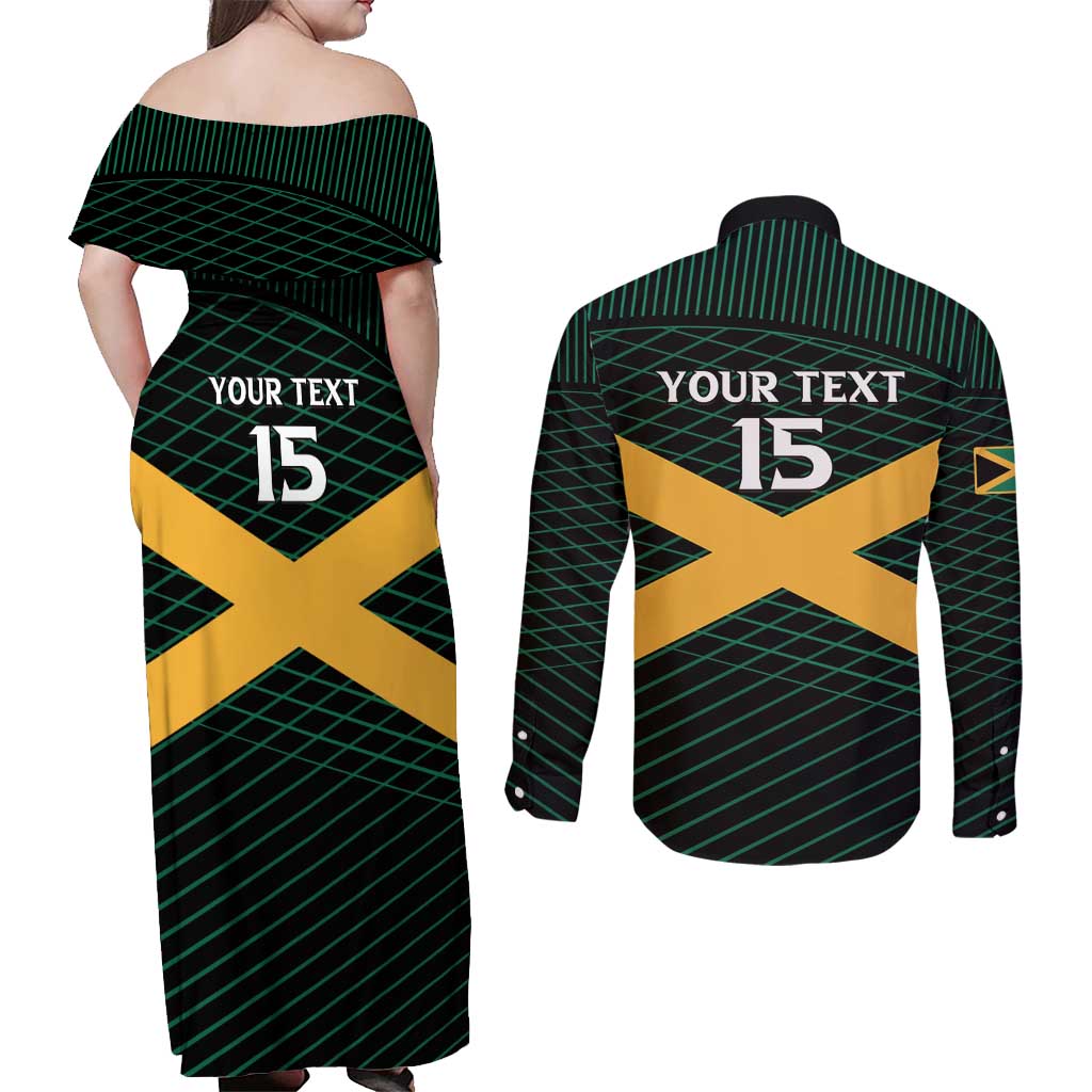 Jamaica Rugby Custom Couples Matching Off Shoulder Maxi Dress and Long Sleeve Button Shirt Go Jamaica Crocs Go