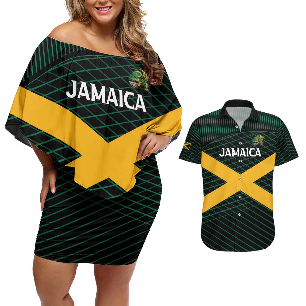 Jamaica Rugby Custom Couples Matching Off Shoulder Short Dress and Hawaiian Shirt Go Jamaica Crocs Go