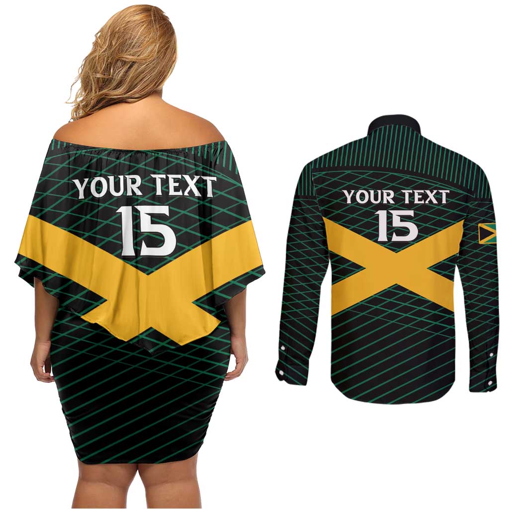 Jamaica Rugby Custom Couples Matching Off Shoulder Short Dress and Long Sleeve Button Shirt Go Jamaica Crocs Go
