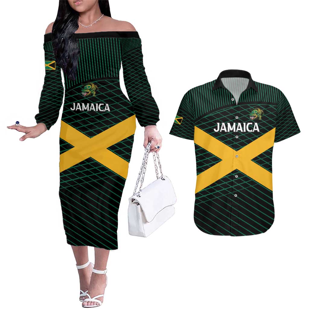 Jamaica Rugby Custom Couples Matching Off The Shoulder Long Sleeve Dress and Hawaiian Shirt Go Jamaica Crocs Go