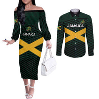 Jamaica Rugby Custom Couples Matching Off The Shoulder Long Sleeve Dress and Long Sleeve Button Shirt Go Jamaica Crocs Go