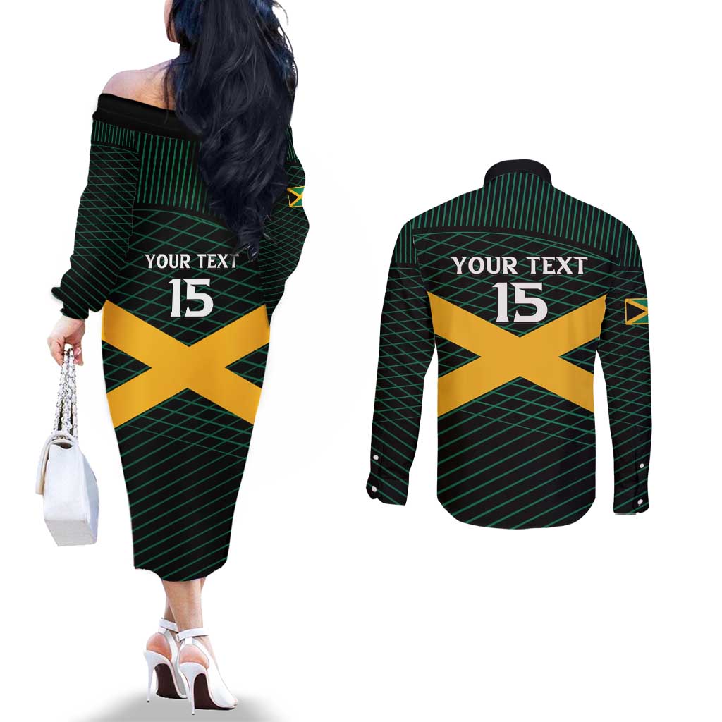 Jamaica Rugby Custom Couples Matching Off The Shoulder Long Sleeve Dress and Long Sleeve Button Shirt Go Jamaica Crocs Go