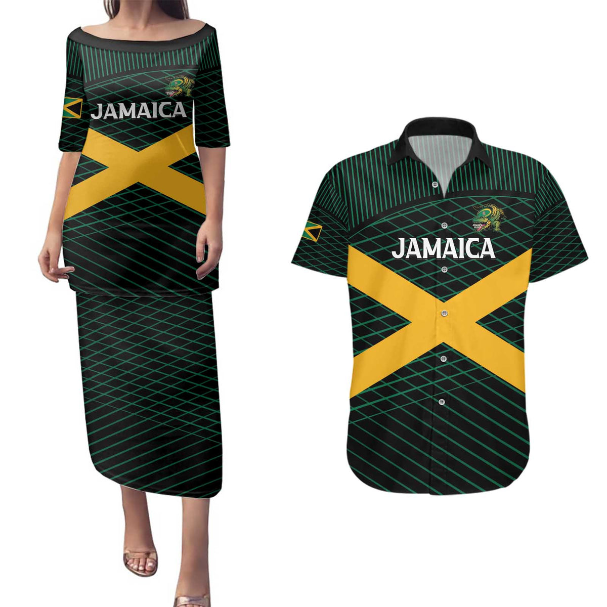 Jamaica Rugby Custom Couples Matching Puletasi and Hawaiian Shirt Go Jamaica Crocs Go