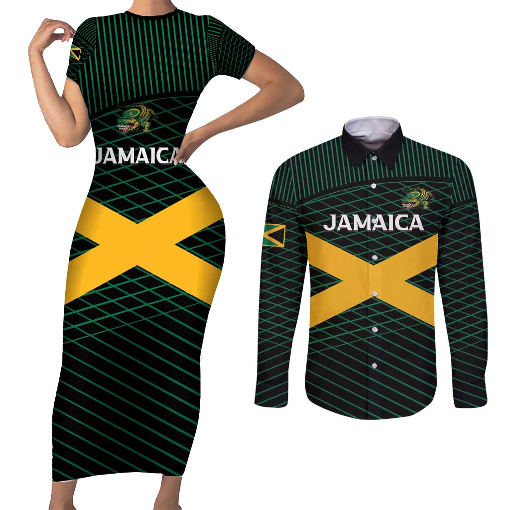 Jamaica Rugby Custom Couples Matching Short Sleeve Bodycon Dress and Long Sleeve Button Shirt Go Jamaica Crocs Go
