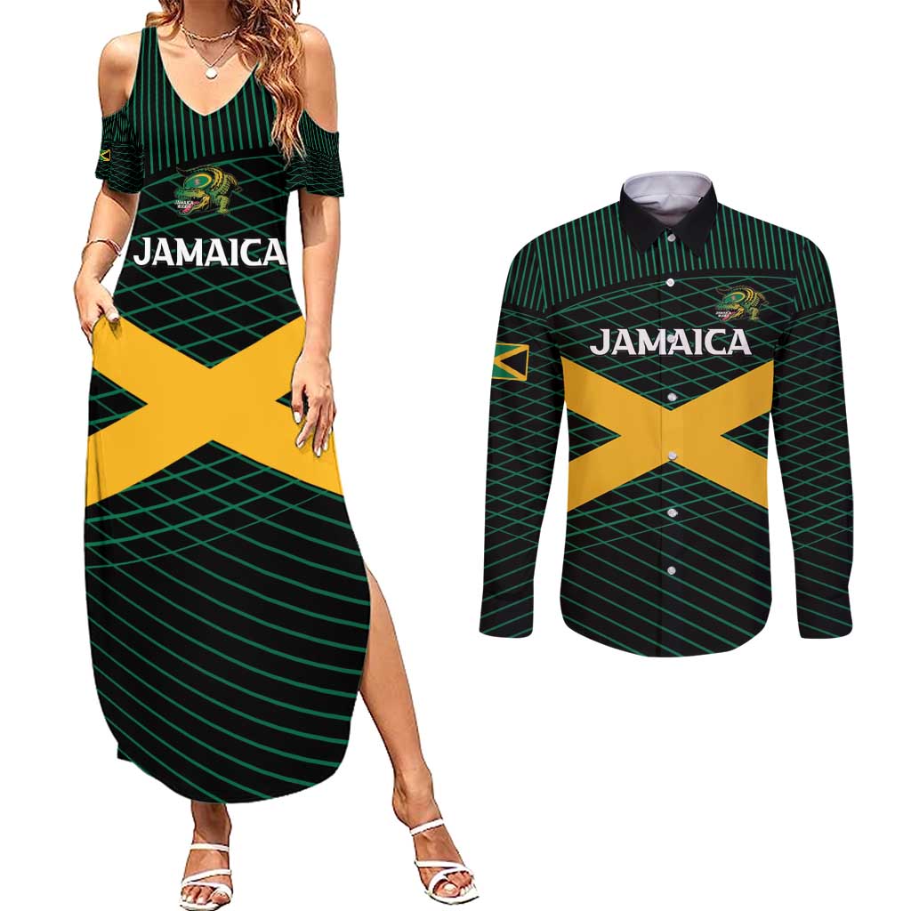 Jamaica Rugby Custom Couples Matching Summer Maxi Dress and Long Sleeve Button Shirt Go Jamaica Crocs Go