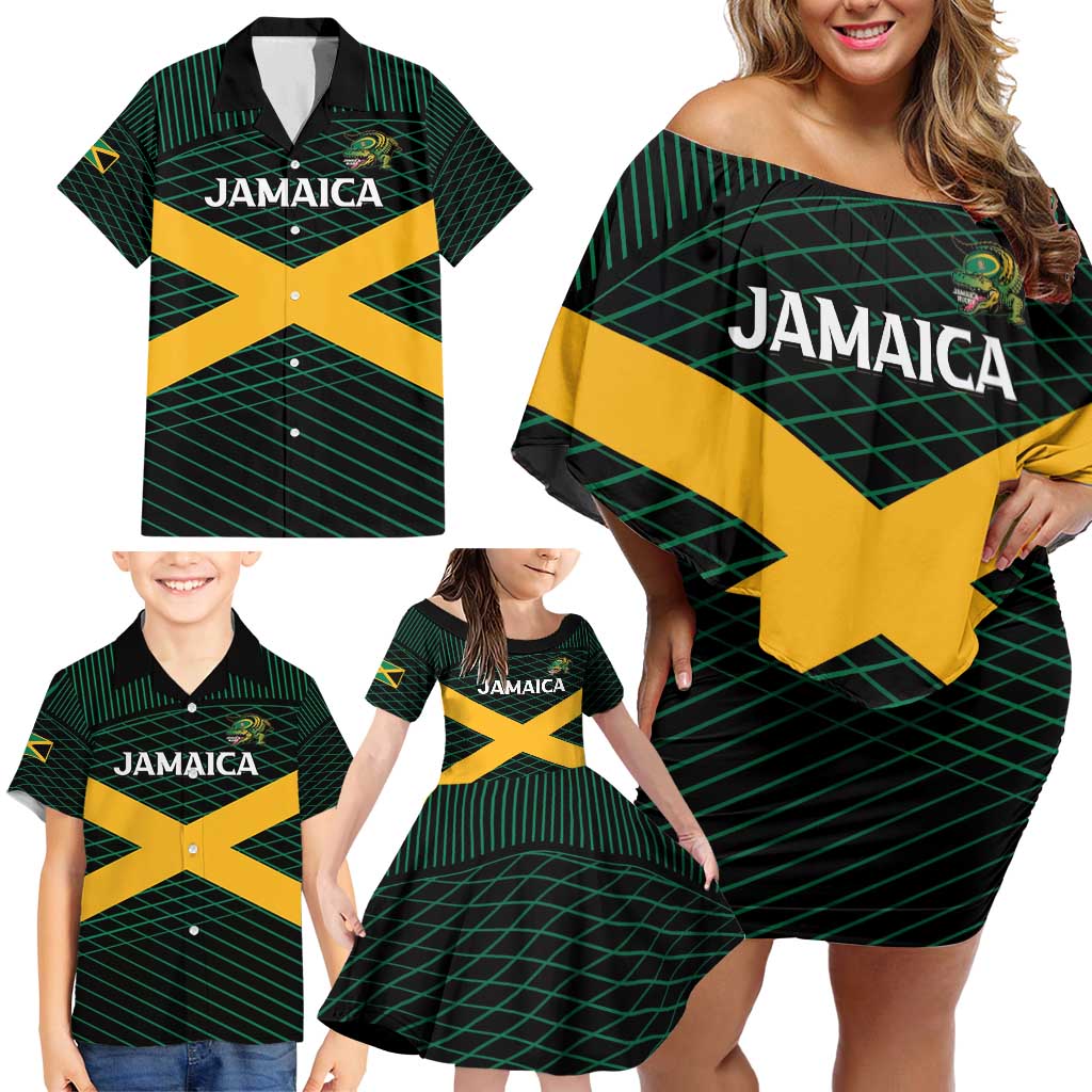 Jamaica Rugby Custom Family Matching Off Shoulder Short Dress and Hawaiian Shirt Go Jamaica Crocs Go