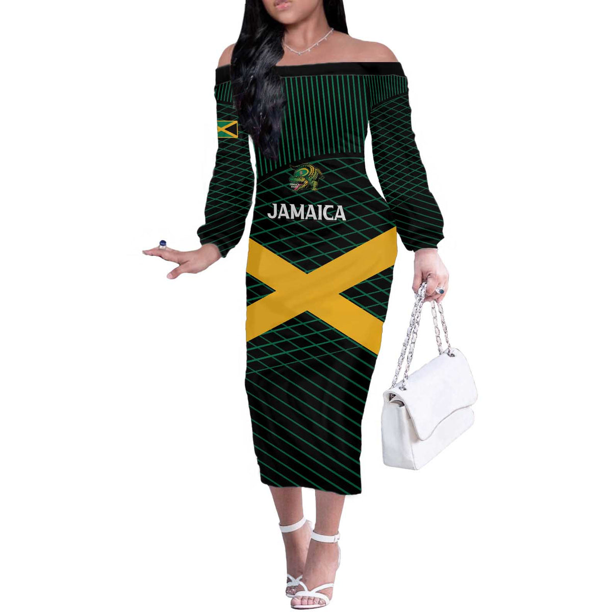 Jamaica Rugby Custom Off The Shoulder Long Sleeve Dress Go Jamaica Crocs Go