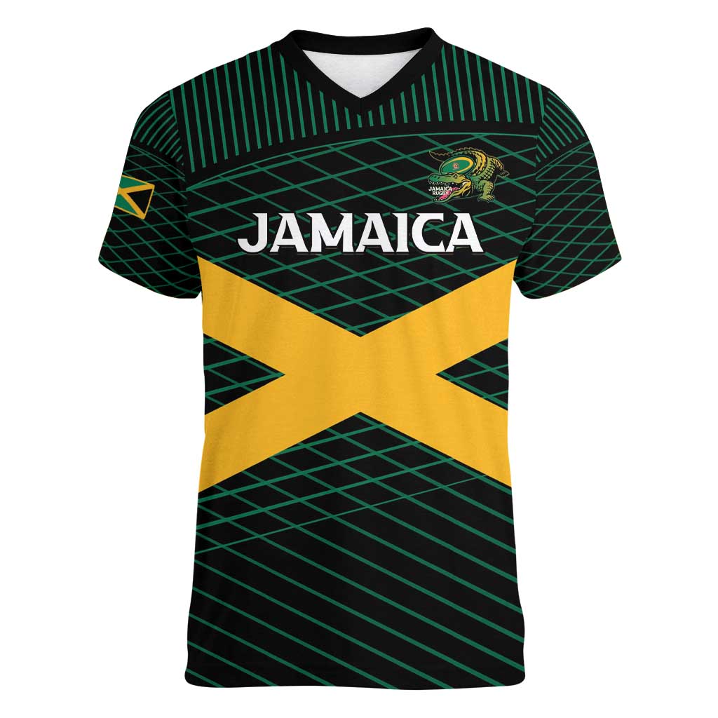 Jamaica Rugby Custom Women V-Neck T-Shirt Go Jamaica Crocs Go