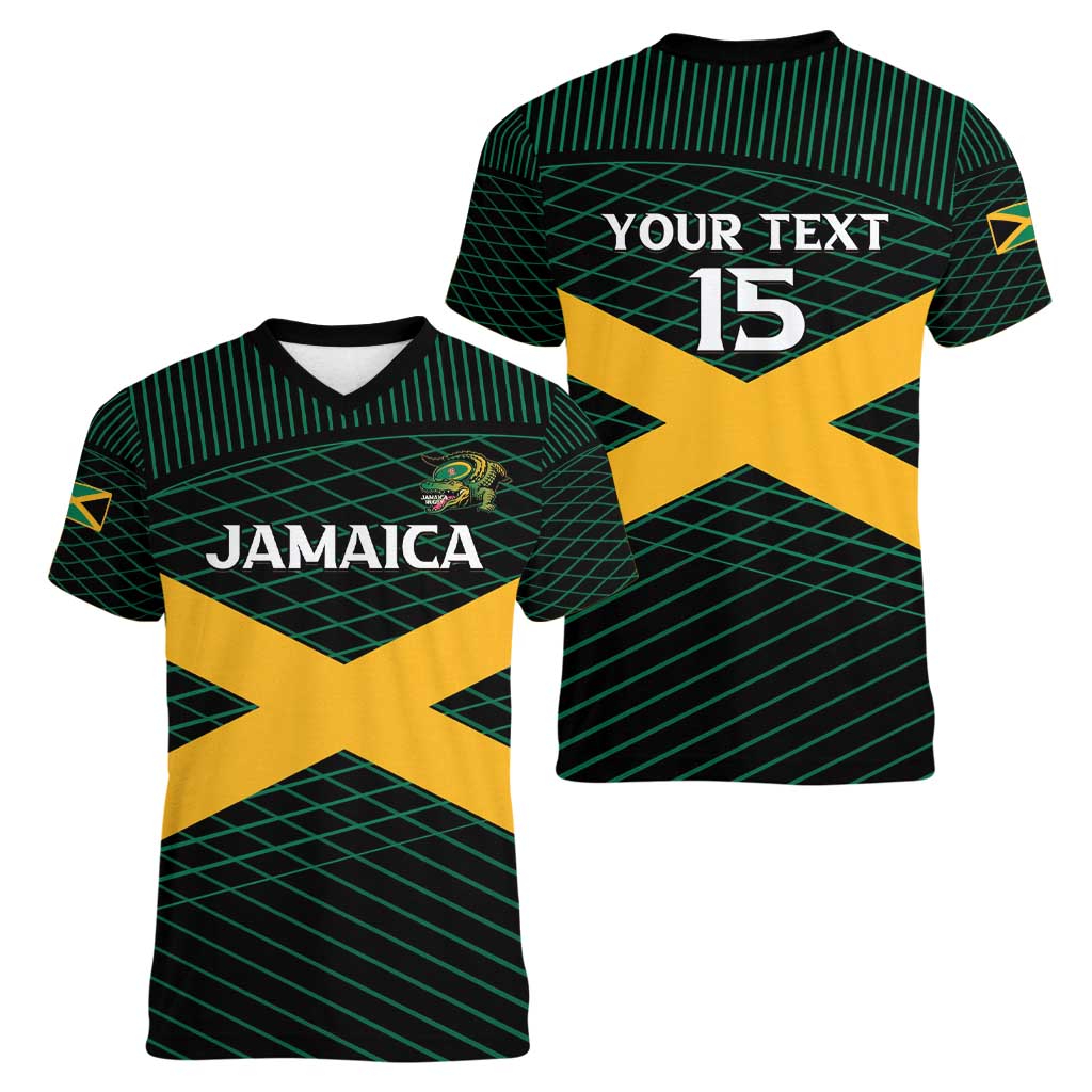 Jamaica Rugby Custom Women V-Neck T-Shirt Go Jamaica Crocs Go