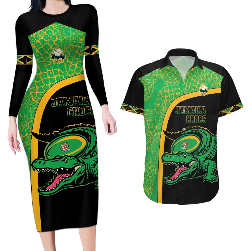 Jamaica Rugby Custom Couples Matching Long Sleeve Bodycon Dress and Hawaiian Shirt Go Jamaica Crocs - Pineapple Pattern