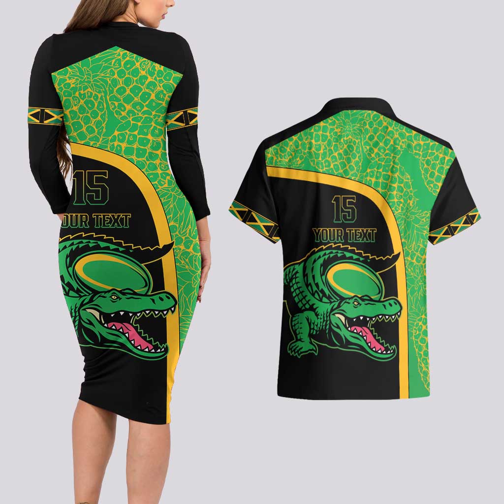 Jamaica Rugby Custom Couples Matching Long Sleeve Bodycon Dress and Hawaiian Shirt Go Jamaica Crocs - Pineapple Pattern