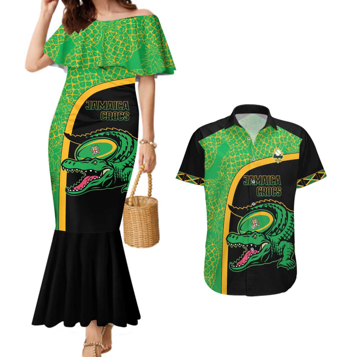 Jamaica Rugby Custom Couples Matching Mermaid Dress and Hawaiian Shirt Go Jamaica Crocs - Pineapple Pattern