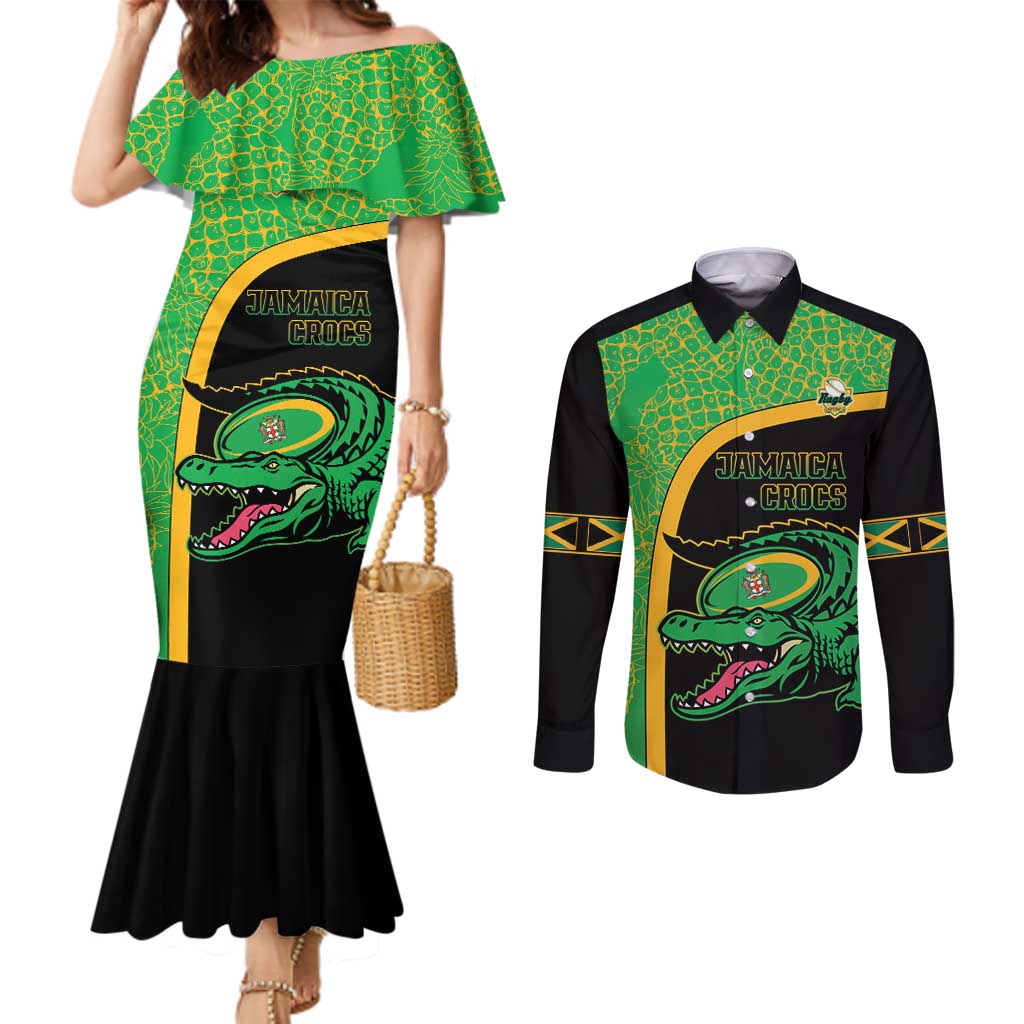 Jamaica Rugby Custom Couples Matching Mermaid Dress and Long Sleeve Button Shirt Go Jamaica Crocs - Pineapple Pattern