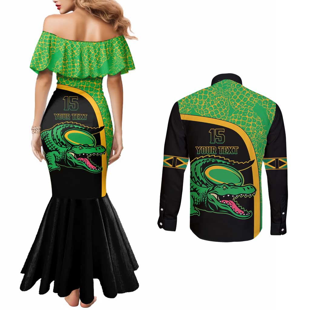 Jamaica Rugby Custom Couples Matching Mermaid Dress and Long Sleeve Button Shirt Go Jamaica Crocs - Pineapple Pattern
