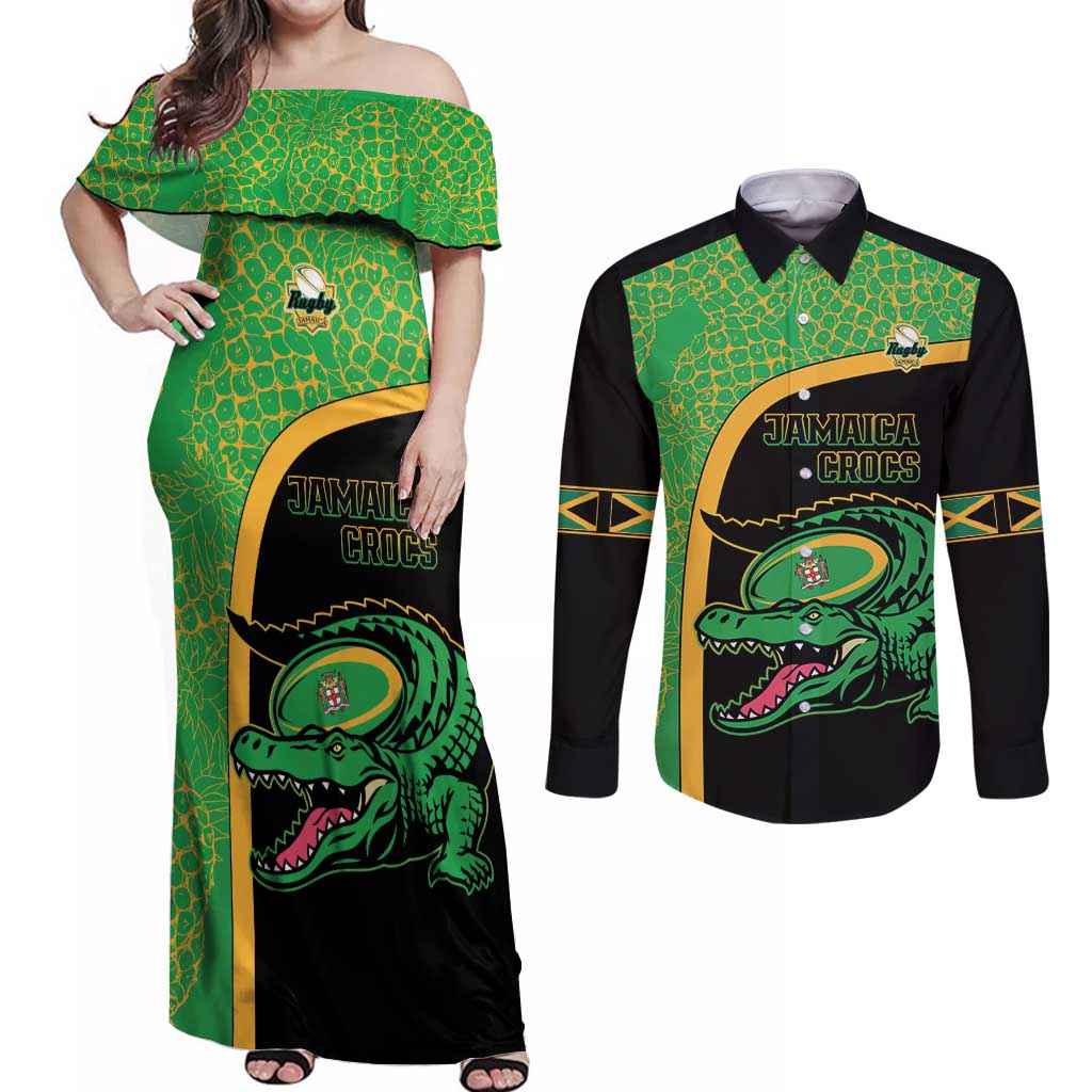 Jamaica Rugby Custom Couples Matching Off Shoulder Maxi Dress and Long Sleeve Button Shirt Go Jamaica Crocs - Pineapple Pattern