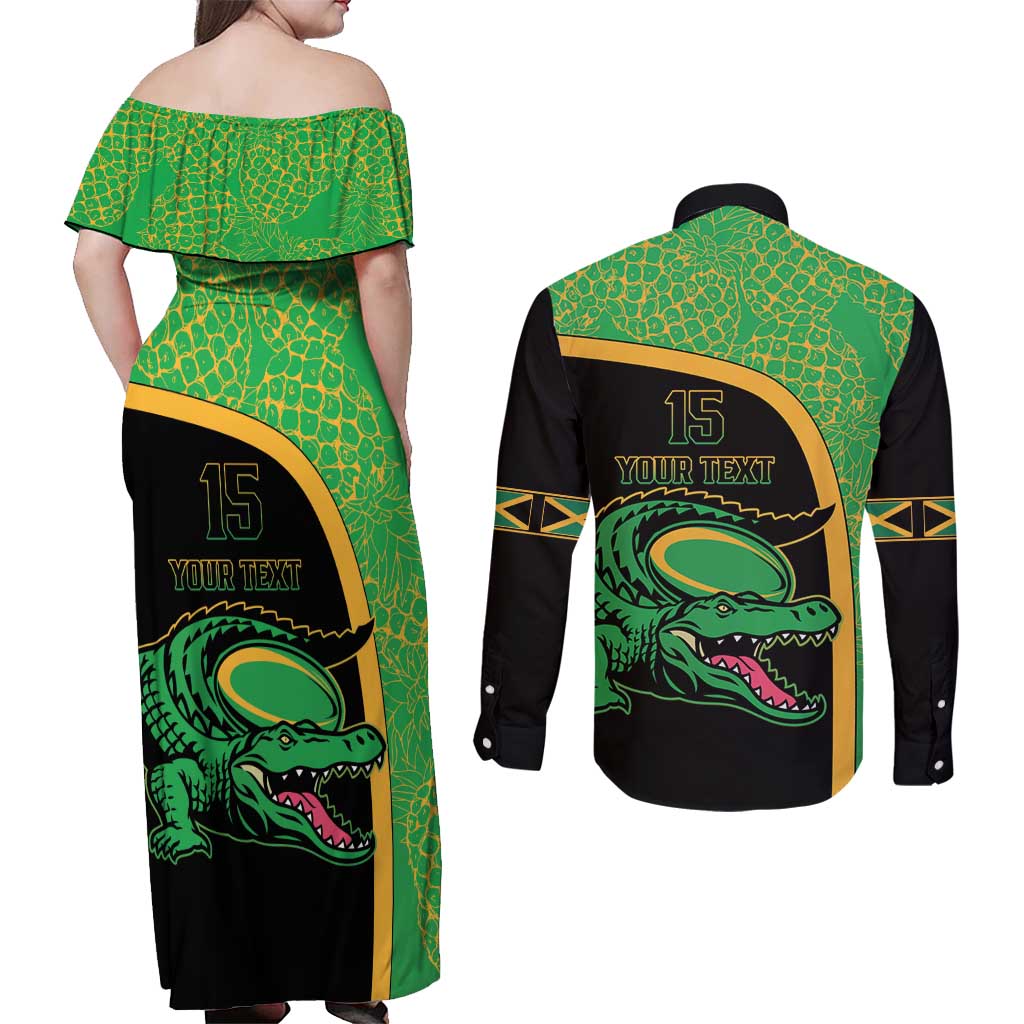 Jamaica Rugby Custom Couples Matching Off Shoulder Maxi Dress and Long Sleeve Button Shirt Go Jamaica Crocs - Pineapple Pattern