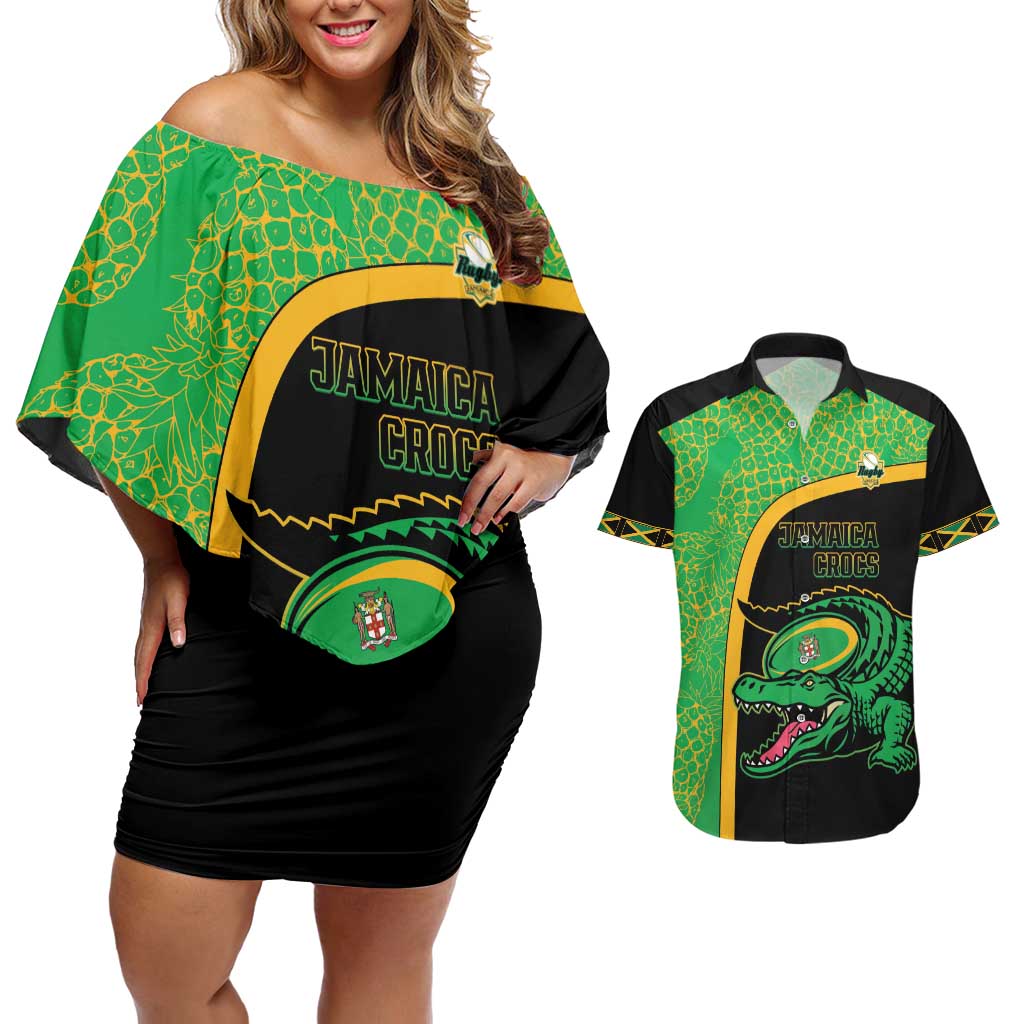 Jamaica Rugby Custom Couples Matching Off Shoulder Short Dress and Hawaiian Shirt Go Jamaica Crocs - Pineapple Pattern