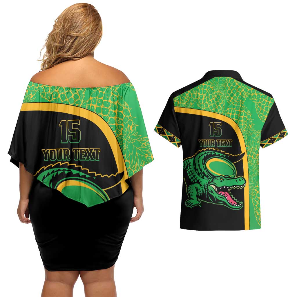 Jamaica Rugby Custom Couples Matching Off Shoulder Short Dress and Hawaiian Shirt Go Jamaica Crocs - Pineapple Pattern