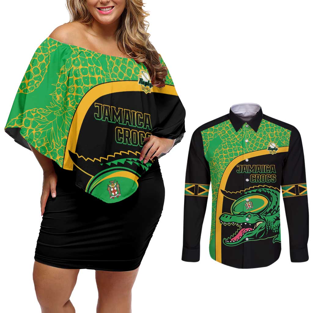 Jamaica Rugby Custom Couples Matching Off Shoulder Short Dress and Long Sleeve Button Shirt Go Jamaica Crocs - Pineapple Pattern
