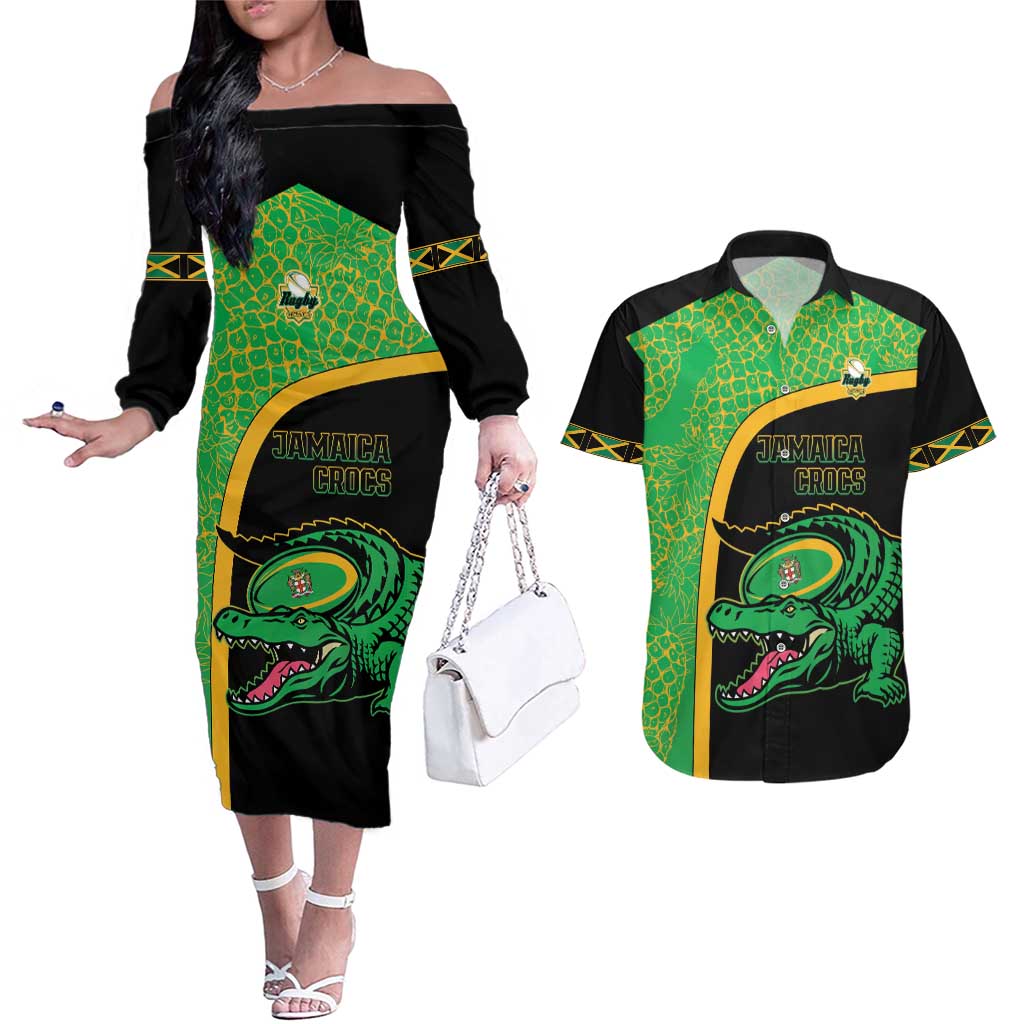 Jamaica Rugby Custom Couples Matching Off The Shoulder Long Sleeve Dress and Hawaiian Shirt Go Jamaica Crocs - Pineapple Pattern