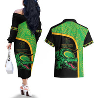 Jamaica Rugby Custom Couples Matching Off The Shoulder Long Sleeve Dress and Hawaiian Shirt Go Jamaica Crocs - Pineapple Pattern