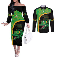 Jamaica Rugby Custom Couples Matching Off The Shoulder Long Sleeve Dress and Long Sleeve Button Shirt Go Jamaica Crocs - Pineapple Pattern