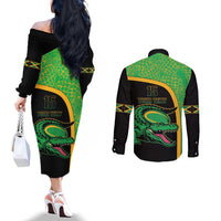 Jamaica Rugby Custom Couples Matching Off The Shoulder Long Sleeve Dress and Long Sleeve Button Shirt Go Jamaica Crocs - Pineapple Pattern