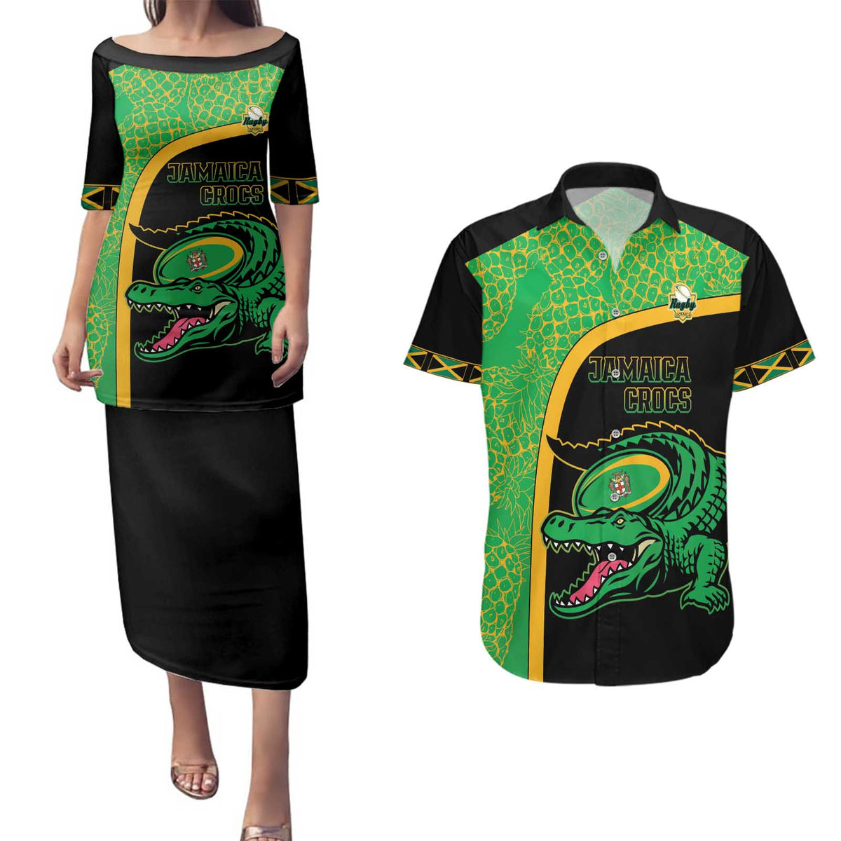 Jamaica Rugby Custom Couples Matching Puletasi and Hawaiian Shirt Go Jamaica Crocs - Pineapple Pattern