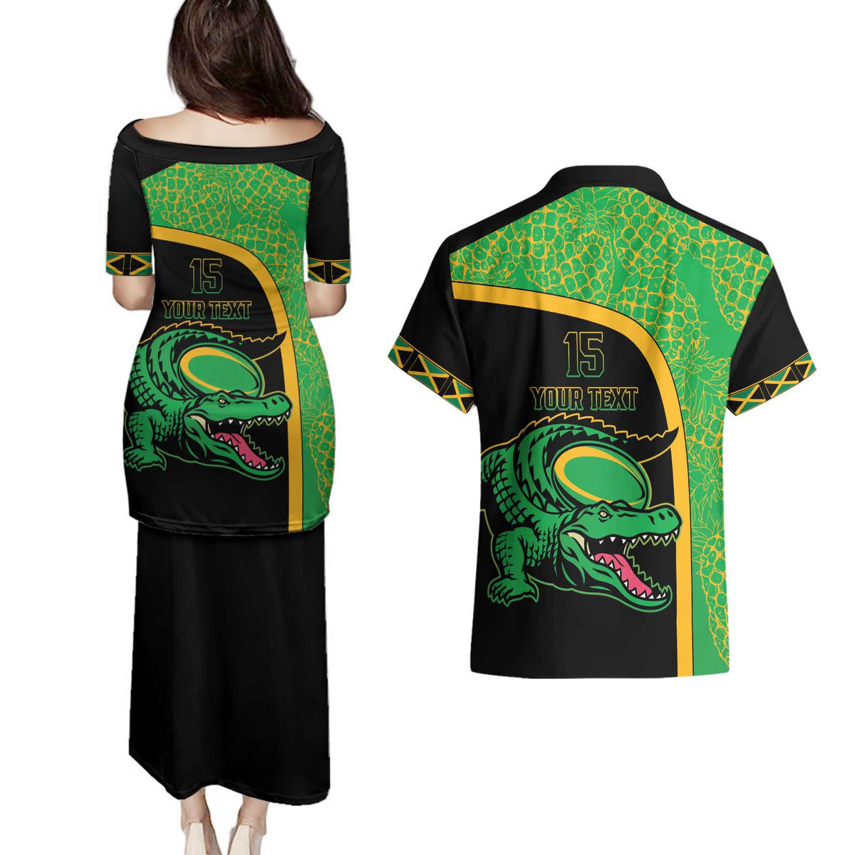 Jamaica Rugby Custom Couples Matching Puletasi and Hawaiian Shirt Go Jamaica Crocs - Pineapple Pattern