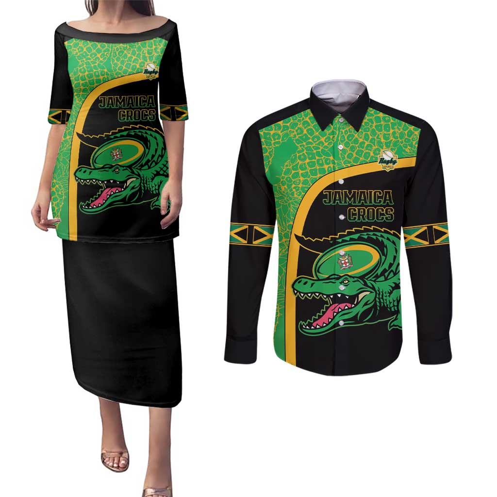 Jamaica Rugby Custom Couples Matching Puletasi and Long Sleeve Button Shirt Go Jamaica Crocs - Pineapple Pattern