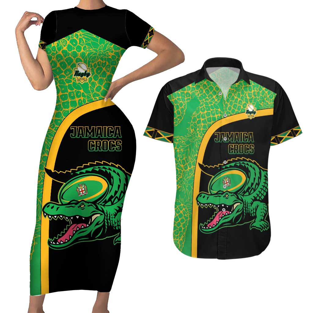 Jamaica Rugby Custom Couples Matching Short Sleeve Bodycon Dress and Hawaiian Shirt Go Jamaica Crocs - Pineapple Pattern