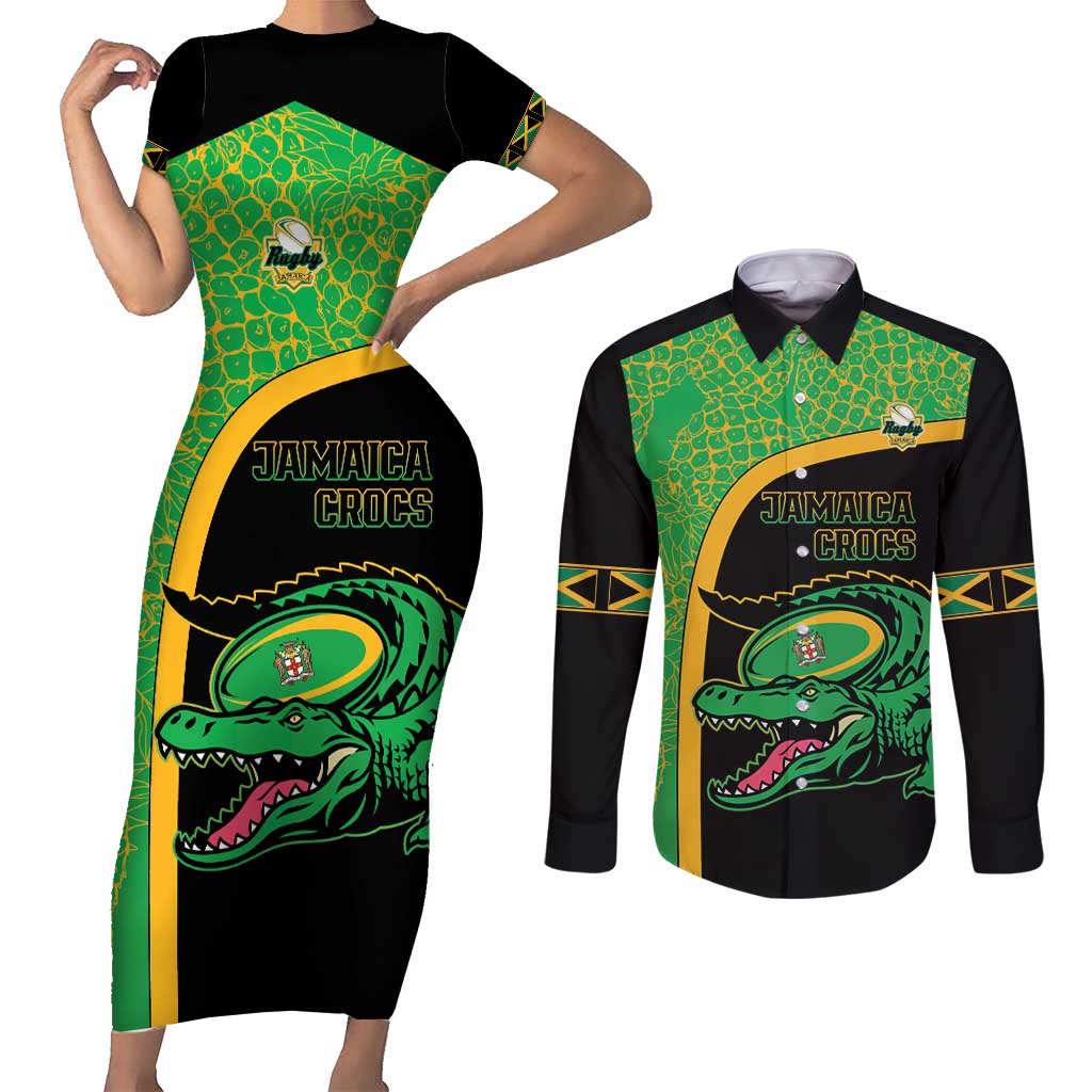 Jamaica Rugby Custom Couples Matching Short Sleeve Bodycon Dress and Long Sleeve Button Shirt Go Jamaica Crocs - Pineapple Pattern