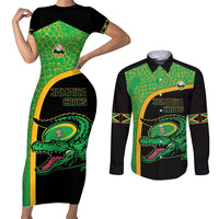 Jamaica Rugby Custom Couples Matching Short Sleeve Bodycon Dress and Long Sleeve Button Shirt Go Jamaica Crocs - Pineapple Pattern