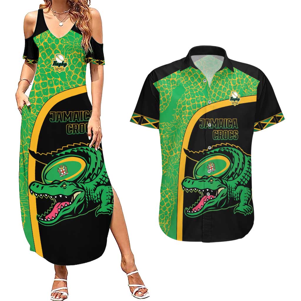 Jamaica Rugby Custom Couples Matching Summer Maxi Dress and Hawaiian Shirt Go Jamaica Crocs - Pineapple Pattern