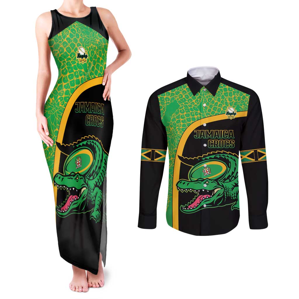 Jamaica Rugby Custom Couples Matching Tank Maxi Dress and Long Sleeve Button Shirt Go Jamaica Crocs - Pineapple Pattern