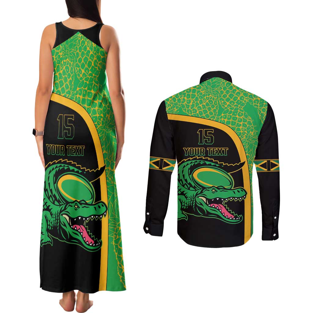 Jamaica Rugby Custom Couples Matching Tank Maxi Dress and Long Sleeve Button Shirt Go Jamaica Crocs - Pineapple Pattern