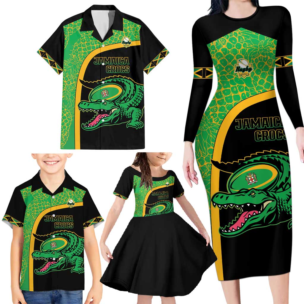 Jamaica Rugby Custom Family Matching Long Sleeve Bodycon Dress and Hawaiian Shirt Go Jamaica Crocs - Pineapple Pattern