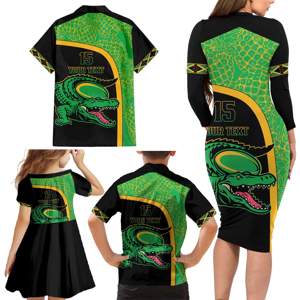 Jamaica Rugby Custom Family Matching Long Sleeve Bodycon Dress and Hawaiian Shirt Go Jamaica Crocs - Pineapple Pattern